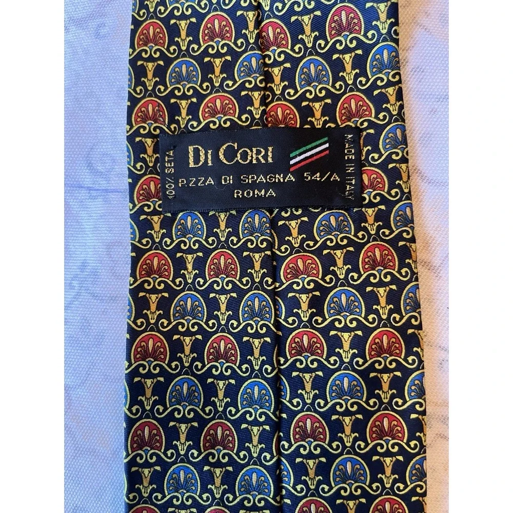 DI CORI Men's Necktie 60x3/5 Red Blue Gold‎ 100% Silk Made In Italy Geometric